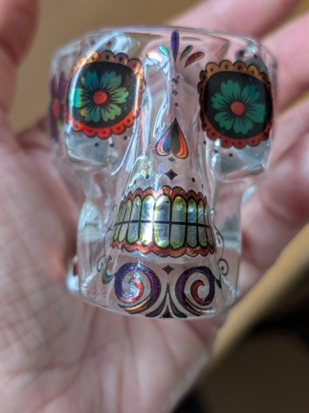 Vtg Halloween Glass New York Souvenir Skull 3D Shot Glass with Floral Patterns
